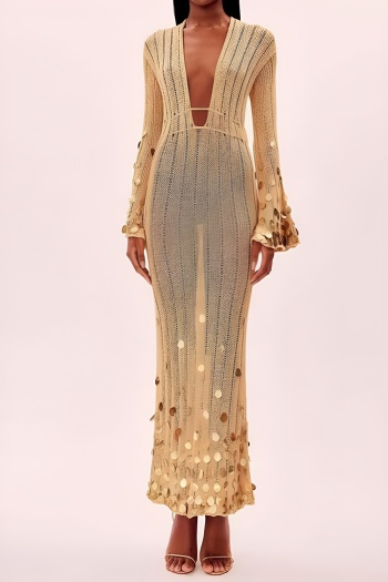 sexy slight stretch v-neck sequin decor ribbed knit maxi dress