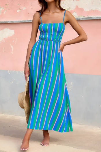 casual plus size slight stretch stripe printing backless sling midi dress