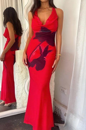 sexy slight stretch halter-neck flower printing maxi dress