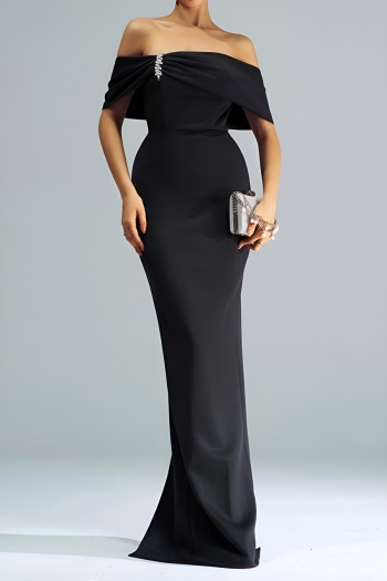 elegant slight stretch plain color padded off shoulder maxi dress