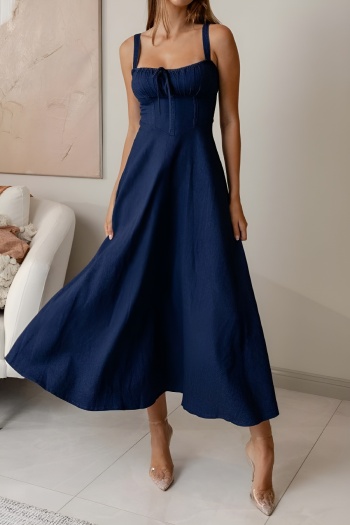 stylish slight stretch denim pure color backless sling midi dress