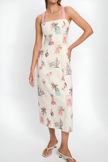 casual plus size non-stretch printing lace-up backless linen fabric midi dress