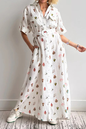 casual plus size non-stretch loose batch printing linen maxi dress with belt