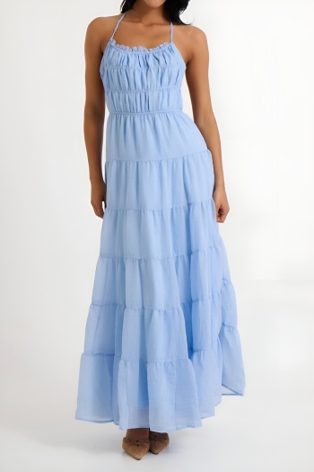 casual slight stretch solid smocked halter neck strappy backless maxi dress