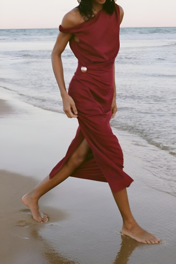 casual non stretch one-shoulder slit midi skirt