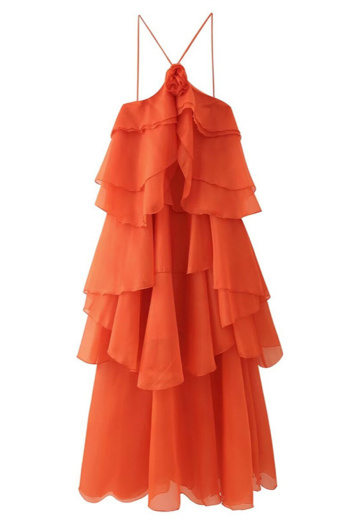 holiday non-stretch chiffon 3d flower backless cake midi dress
