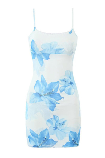 sexy slight stretch flower batch printing lace trim sling mini dress