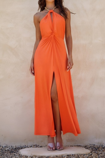 stylish slight stretch pure color kinked chain halter-neck maxi dress