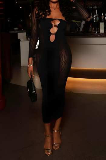 sexy high stretch see through mesh long sleeve hollow bodycon midi dress