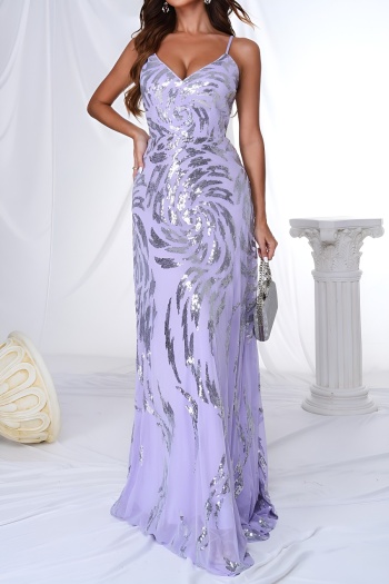 elegant slight stretch sequin decor padded v-neck sling maxi dress