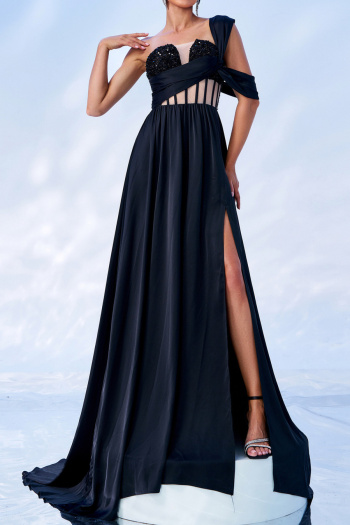 elegant slight stretch sequin decor padded one shoulder high slit maxi dress