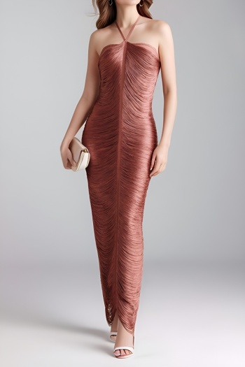 elegant slight stretch 3 colors tassel halter-neck maxi dress