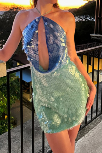 sexy non-stretch halter-neck sequin decor contrast color mini dress