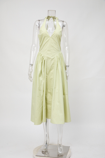casual non-stretch halter-neck solid color shirring midi dress