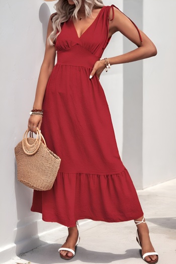 vacation style non-stretch pure color v-neck drawstring maxi dress