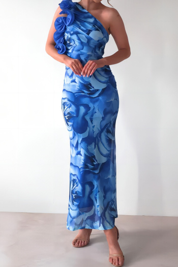 casual slight stretch one shoulder ruffle decor flower batch printing maxi dress