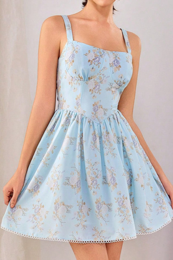casual slight stretch floral batch printing lace-up sling mini dress