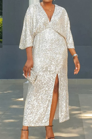 stylish plus size slight stretch sequin v-neck three-quarter sleeve midi dress