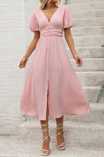 Casual non-stretch slit button decor v-neck wrinkle fabric midi dress