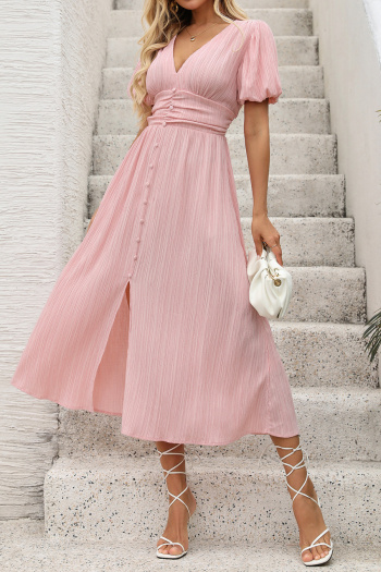 Casual non-stretch slit button decor v-neck wrinkle fabric midi dress
