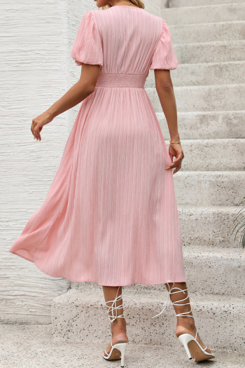 Casual non-stretch slit button decor v-neck wrinkle fabric midi dress