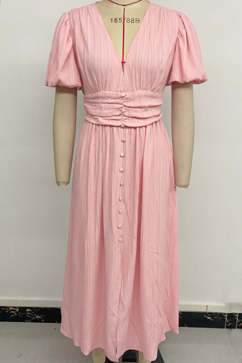Casual non-stretch slit button decor v-neck wrinkle fabric midi dress