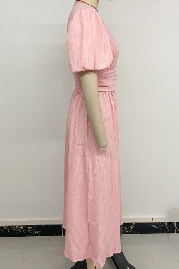 Casual non-stretch slit button decor v-neck wrinkle fabric midi dress
