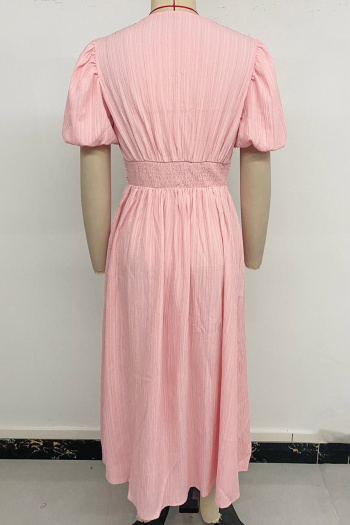 Casual non-stretch slit button decor v-neck wrinkle fabric midi dress