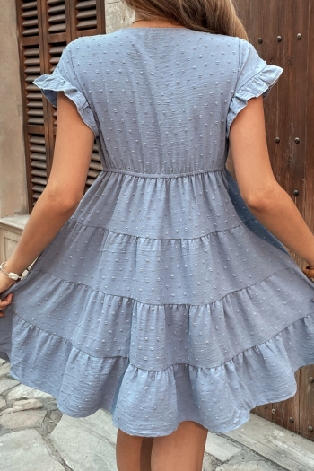Casual non-stretch short sleeve jacquard wrinkle fabric mini dressruffle sleeves