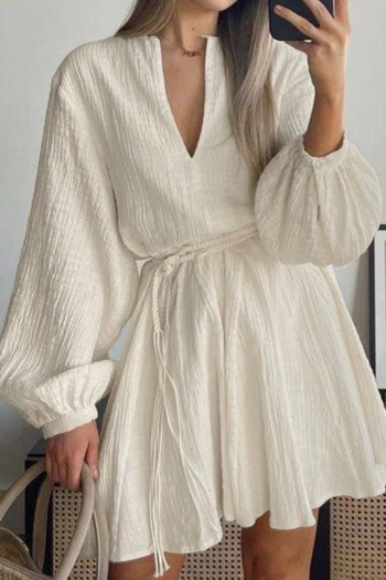 casual slight stretch wrinkle fabric long sleeve solid belted mini dress