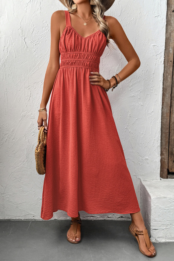 Casual non-stretch simple solid color sling wrinkle fabric midi dress
