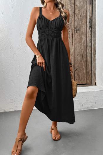 Casual non-stretch simple solid color sling wrinkle fabric midi dress