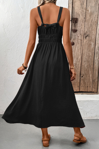 Casual non-stretch simple solid color sling wrinkle fabric midi dress