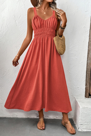 Casual non-stretch simple solid color sling wrinkle fabric midi dress
