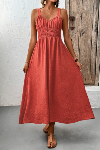 Casual non-stretch simple solid color sling wrinkle fabric midi dress