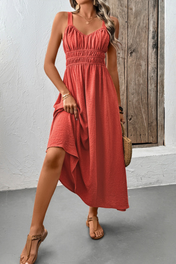 Casual non-stretch simple solid color sling wrinkle fabric midi dress