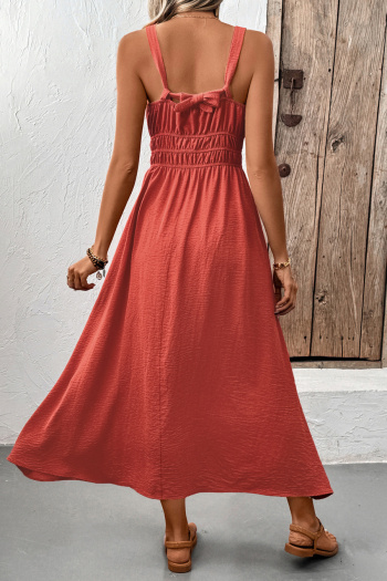 Casual non-stretch simple solid color sling wrinkle fabric midi dress