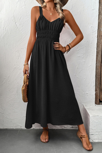 Casual non-stretch simple solid color sling wrinkle fabric midi dress