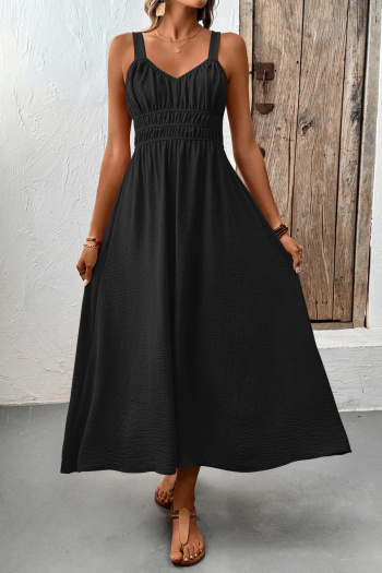 Casual non-stretch simple solid color sling wrinkle fabric midi dress