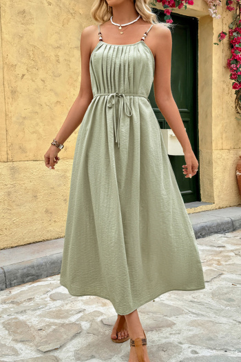 Casual non-stretch beads sling wrinkle fabric midi dress with belt