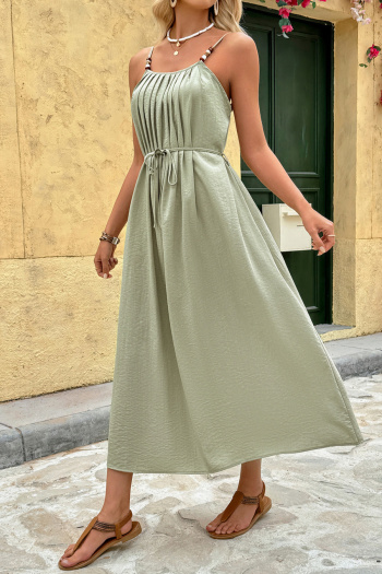 Casual non-stretch beads sling wrinkle fabric midi dress with belt