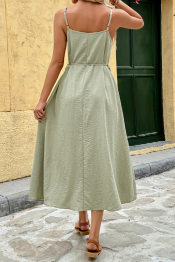 Casual non-stretch beads sling wrinkle fabric midi dress with belt