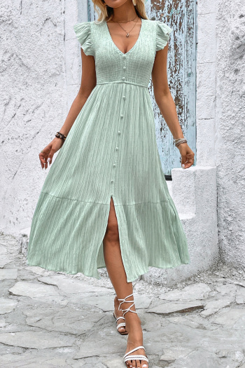 Casual non-stretch solid color single breasted slit wrinkle fabric midi dress