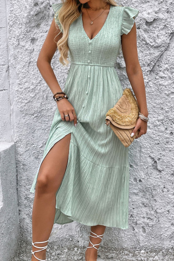 Casual non-stretch solid color single breasted slit wrinkle fabric midi dress