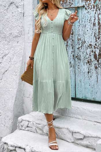 Casual non-stretch solid color single breasted slit wrinkle fabric midi dress