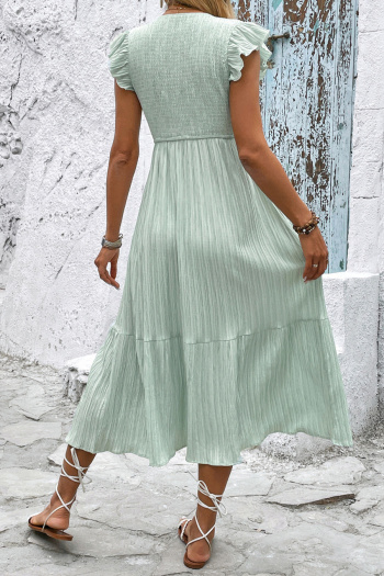 Casual non-stretch solid color single breasted slit wrinkle fabric midi dress
