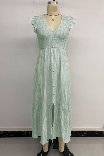 Casual non-stretch solid color single breasted slit wrinkle fabric midi dress