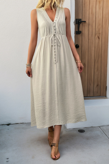 casual non-stretch solid color sleeveless button decor wrinkle fabric midi dress