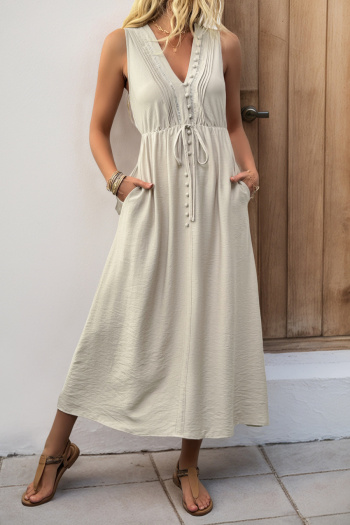Casual non-stretch solid color sleeveless button decor wrinkle fabric midi dress