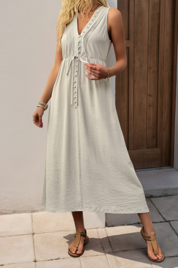 Casual non-stretch solid color sleeveless button decor wrinkle fabric midi dress